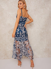 Peplum Embroidered Lace Bodycon Dress in Blue