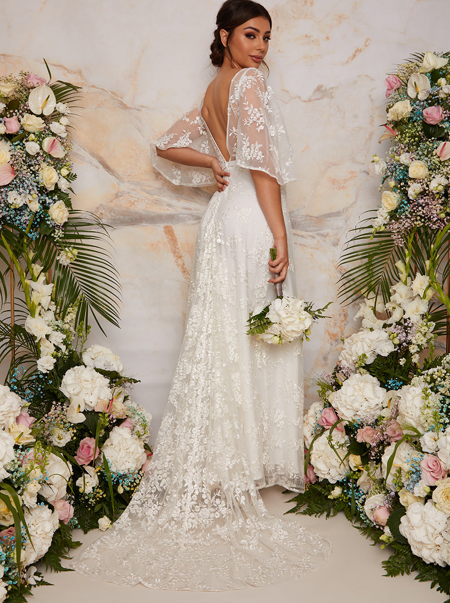 Flutter Sleeve Backless Lace Wedding Dress in White