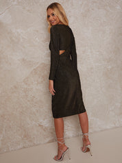 Petite Long Sleeve Cut Out Party Midi Dress in Black