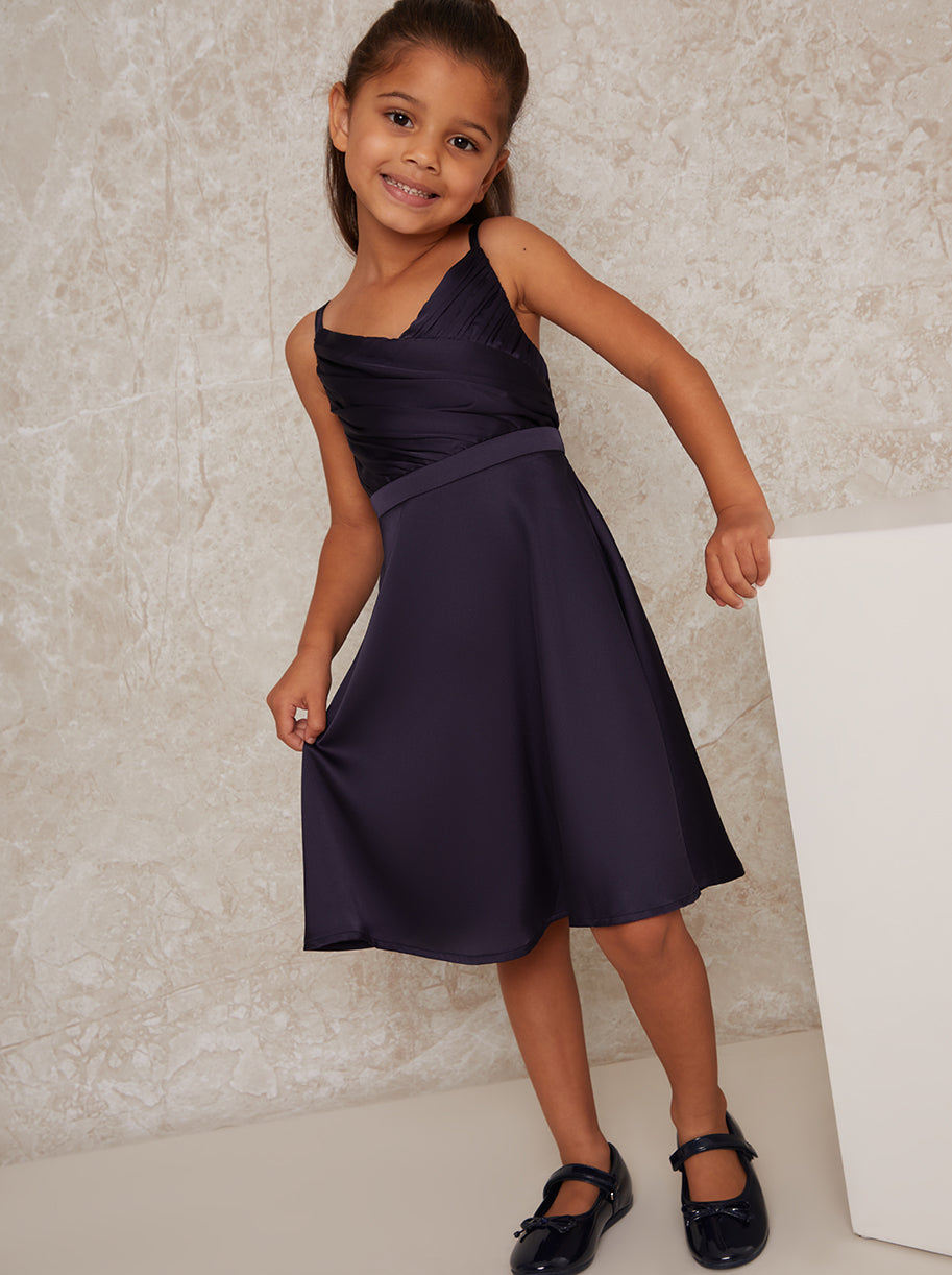 Girls Pleat Bodice Satin Finish Dress in Navy Blue