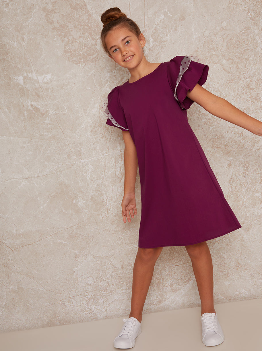 Girls Ruffle Sleeve Shift Dress in Red