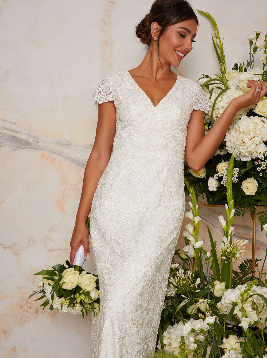 Lace Embellished Maxi Wedding Dress in White