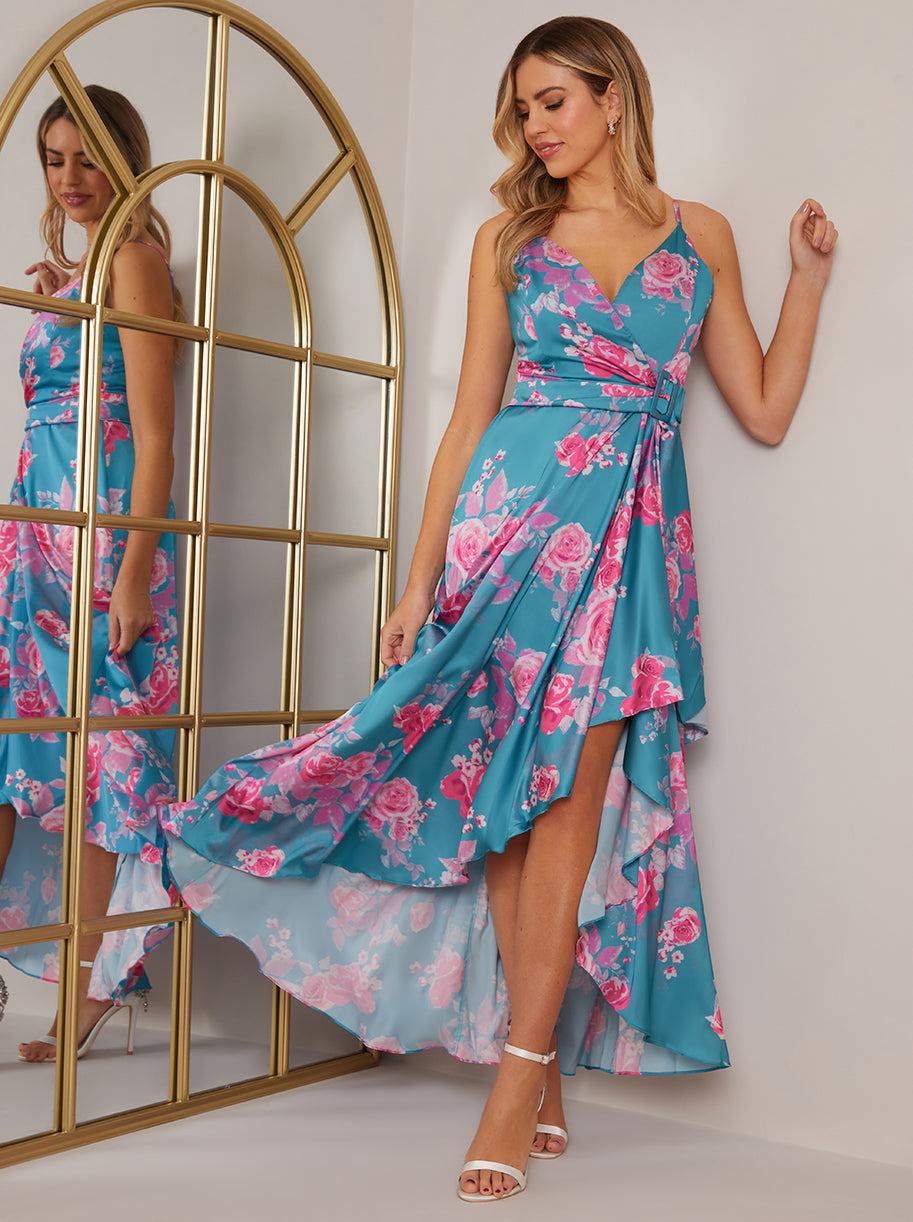 Petite Cami Floral Print Wrap Midi Dress in Blue