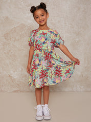 Girls Puff Sleeve Tiered Day Dress in Multi Floral Print