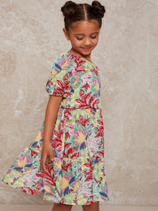 Girls Puff Sleeve Tiered Day Dress in Multi Floral Print