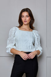 Crochet Sleeve Square Neck Jumper in White