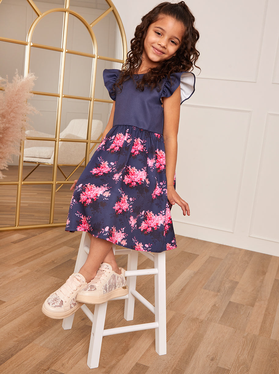 Younger Girls Ruffle Floral Print Midi Dress in Navy