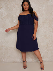 Plus Size Crochet Bodice Bardot Midi Dress in Navy