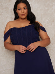 Plus Size Crochet Bodice Bardot Midi Dress in Navy
