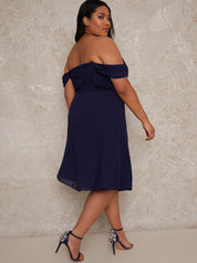 Plus Size Crochet Bodice Bardot Midi Dress in Navy