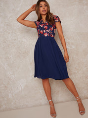 V Neck Crochet Midi Dress in Navy