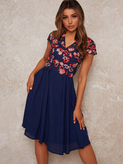 V Neck Crochet Midi Dress in Navy