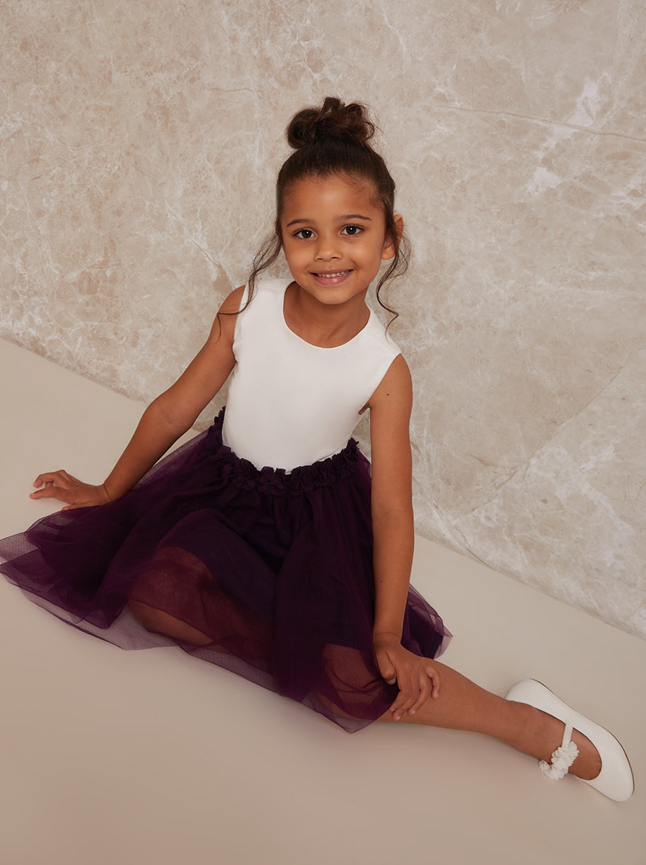 Girls Contrast 3D Floral Tutu Dress in Purple