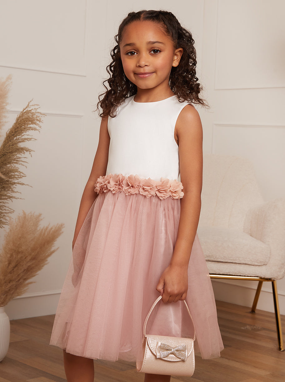 Girls Contrast 3D Floral Tutu Dress in Pink