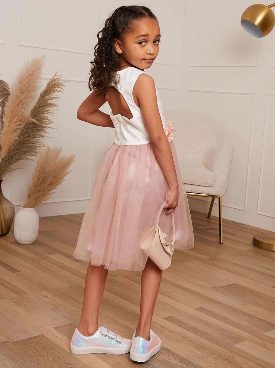 Girls Contrast 3D Floral Tutu Dress in Pink