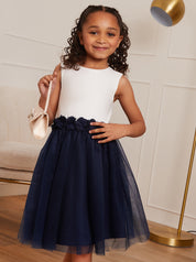 Younger Girls Contrast 3D Floral Tutu Dress in Navy