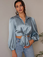 Long Sleeve Tie Front Satin Shirt in Blue