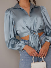 Long Sleeve Tie Front Satin Shirt in Blue