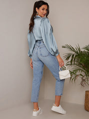 Long Sleeve Tie Front Satin Shirt in Blue