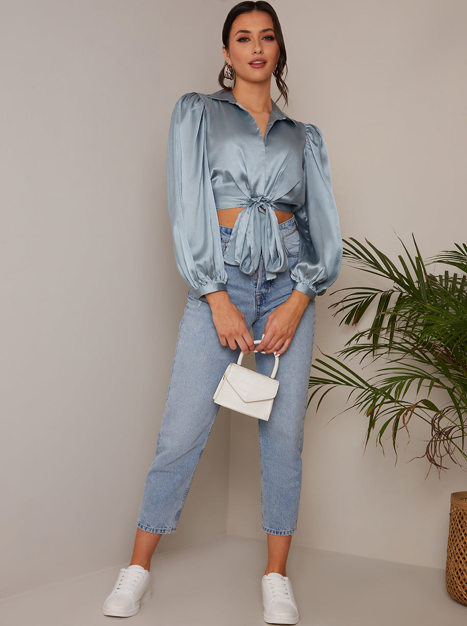 Long Sleeve Tie Front Satin Shirt in Blue