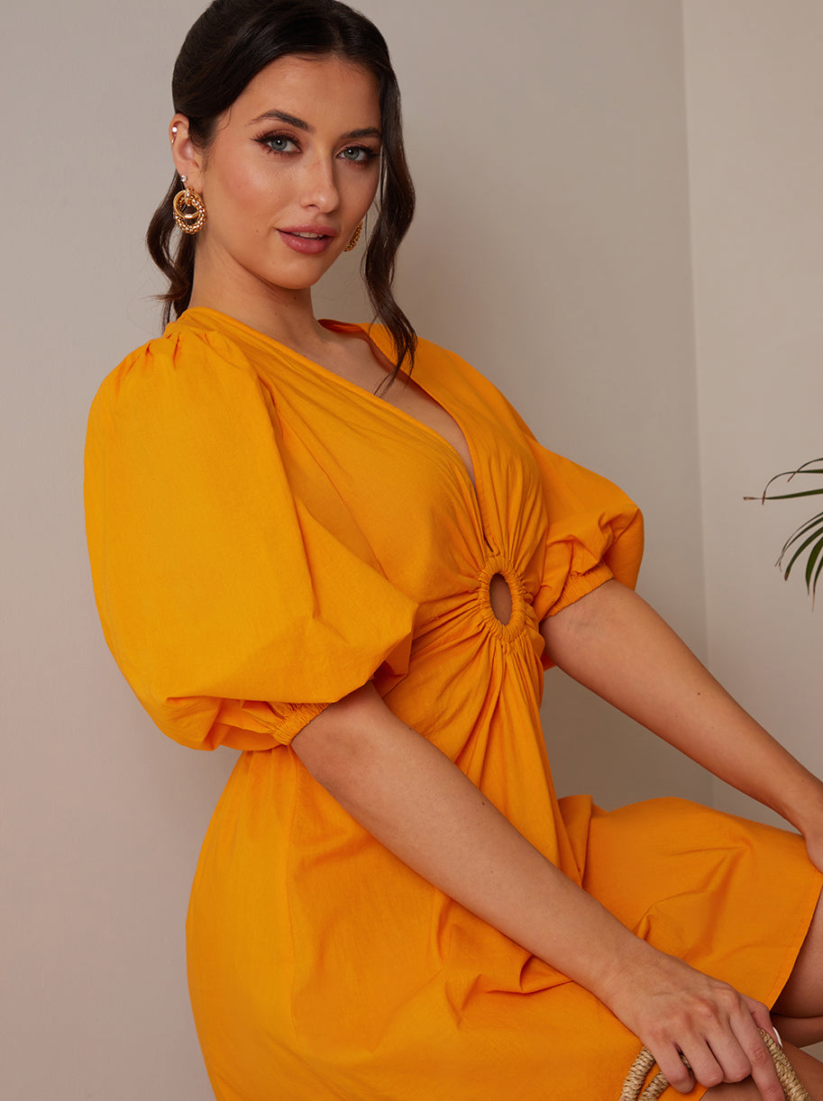 Ring Front Puff Sleeve Mini Dress in Orange