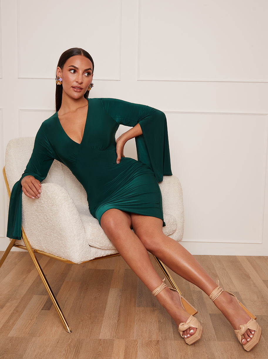 V Neck Split Sleeve Bodycon Mini Dress in Green