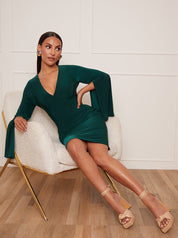 V Neck Split Sleeve Bodycon Mini Dress in Green