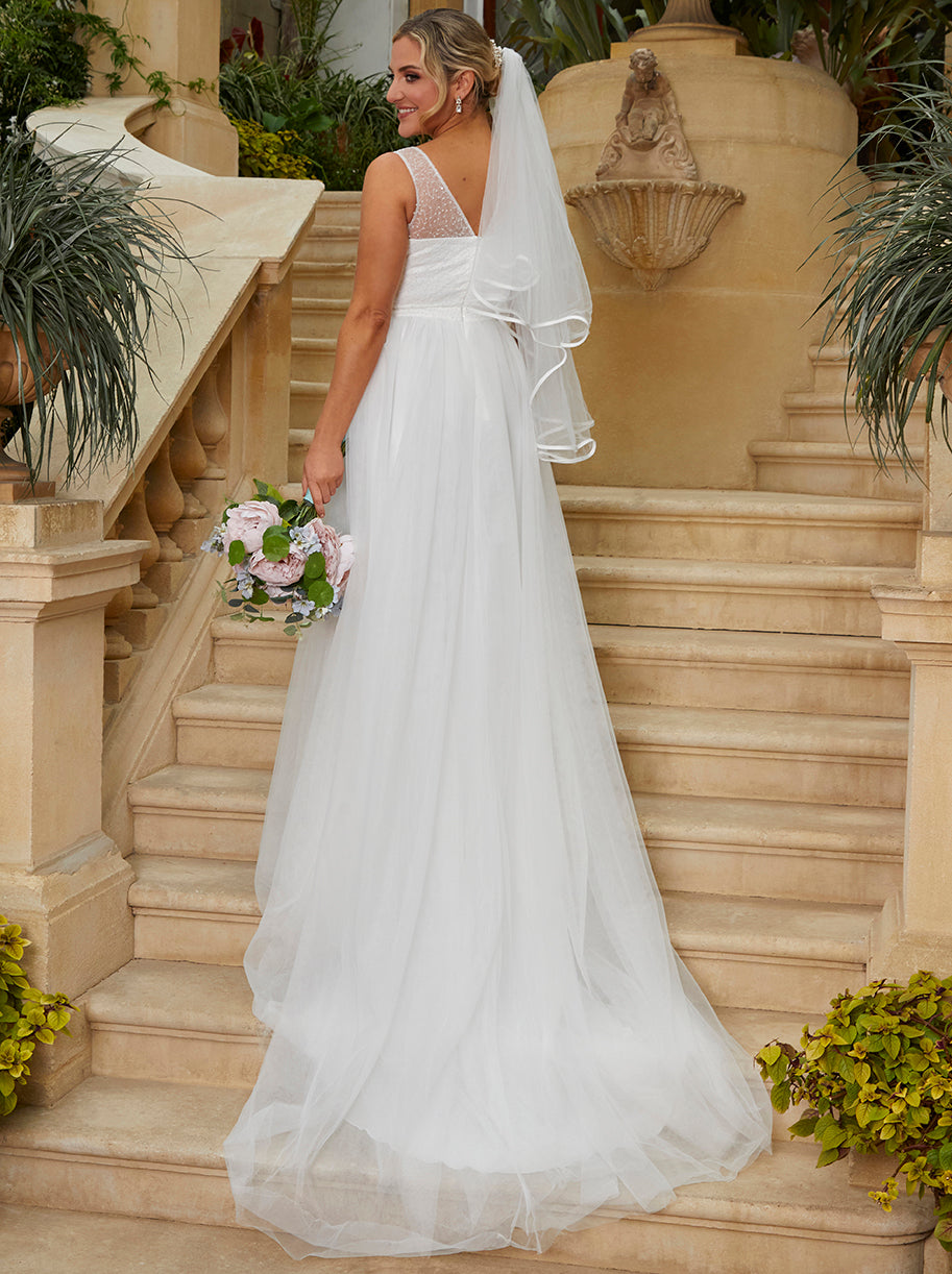 Sequin Bodice Tulle Maxi Wedding Dress in White