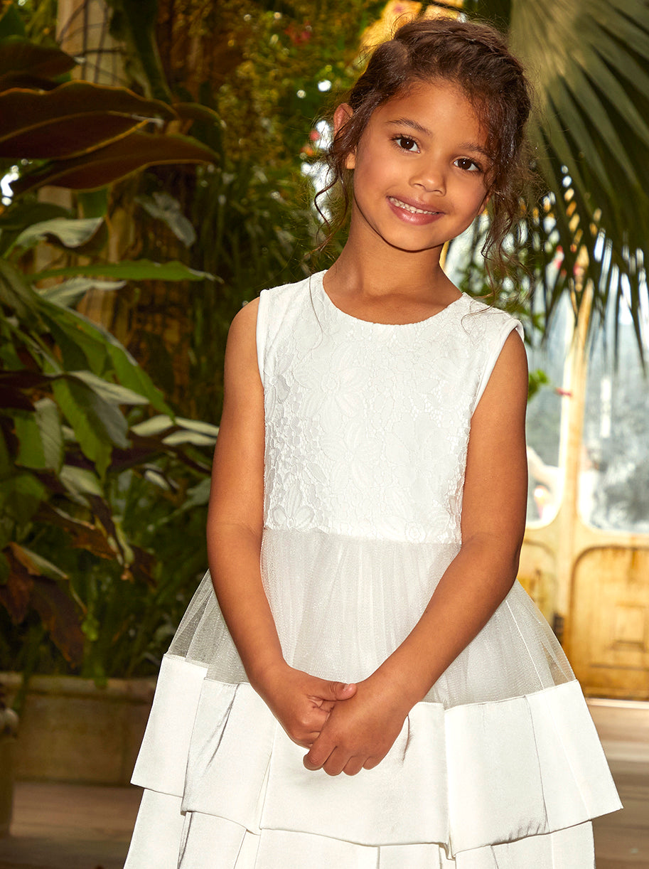 Younger Girls Lace Tiered Midi Dress in White