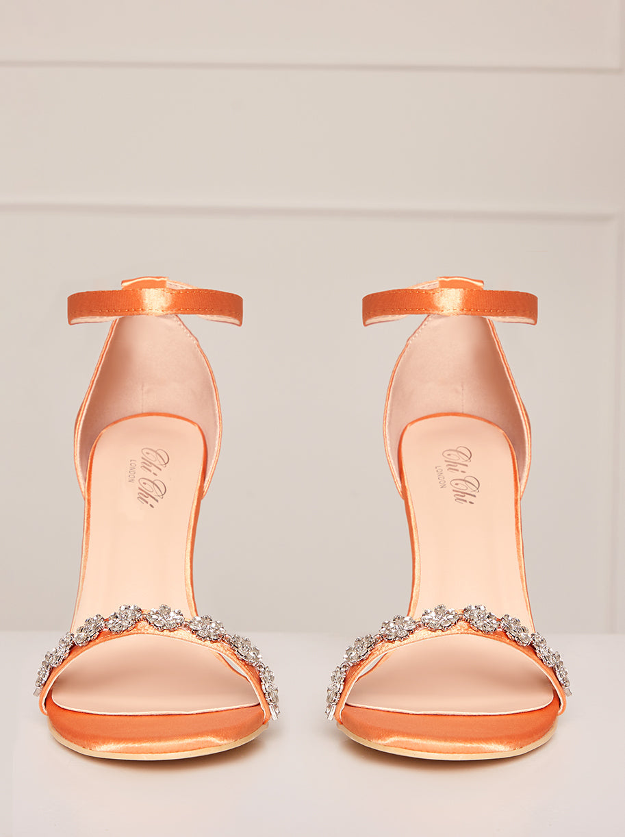 High Heel Diamante Strap Sandals in Orange