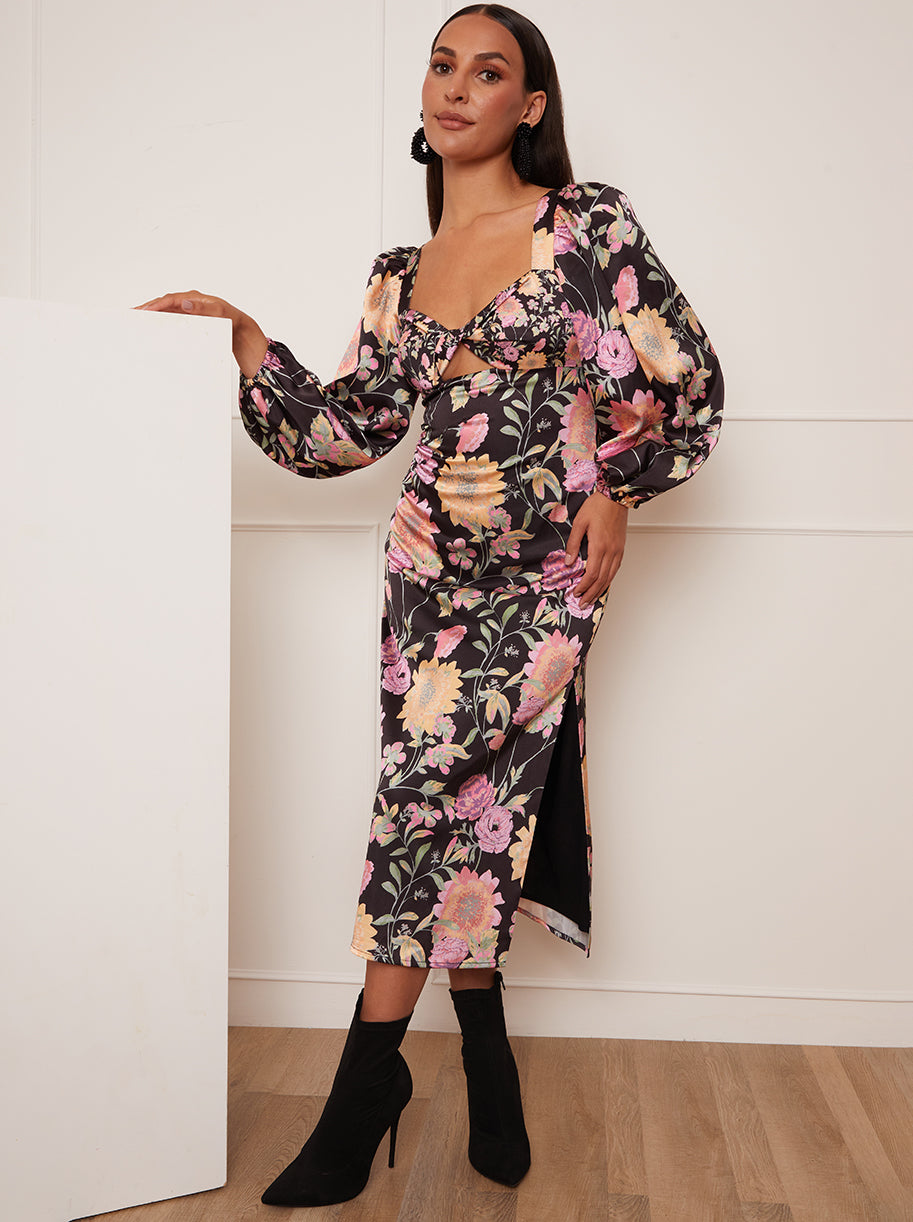 Petite Long Sleeve Cut-Out Detail Floral Print Midi Dress in Black