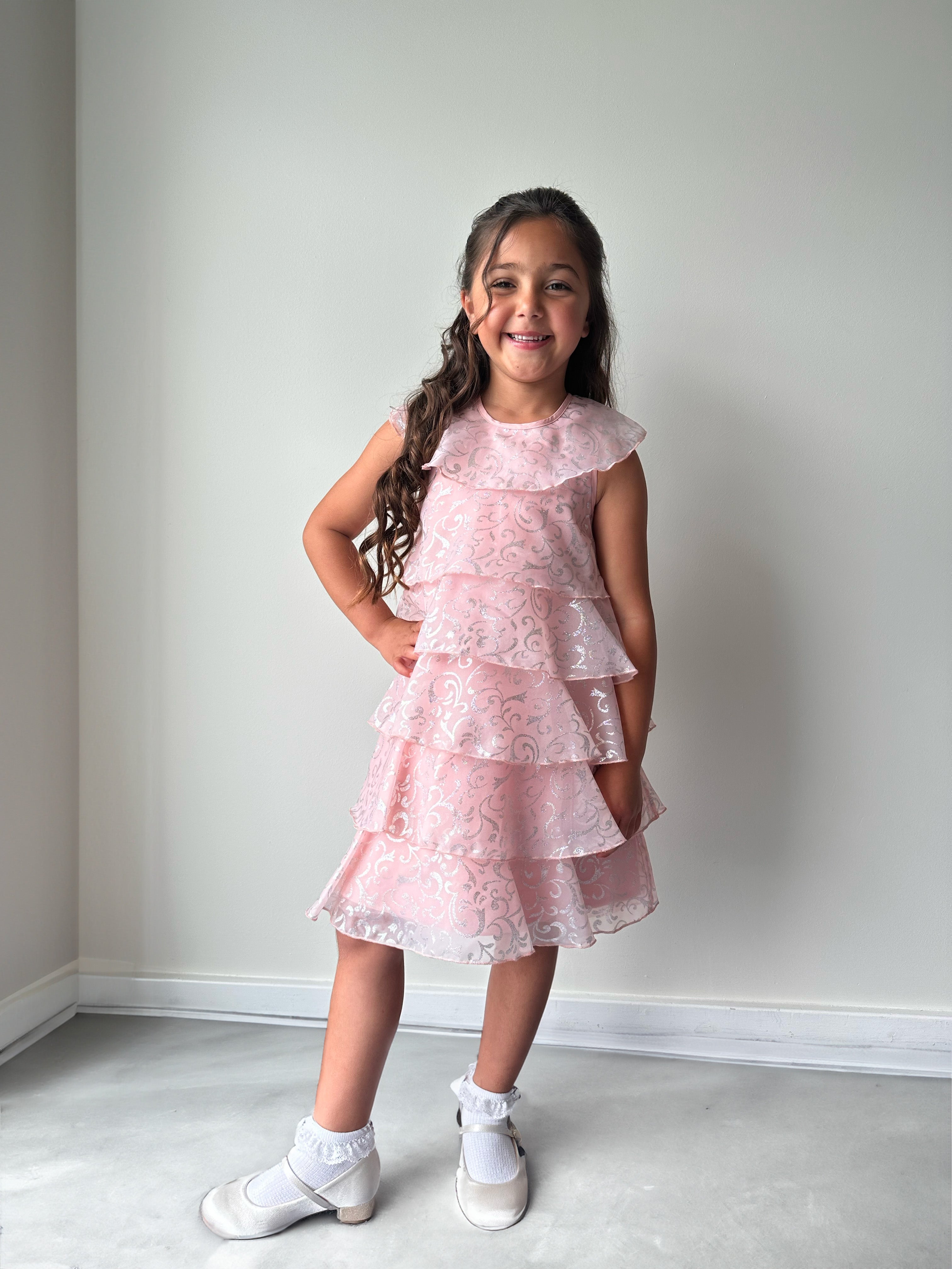 Girls Tiered Sparkle Midi Dress in Pink