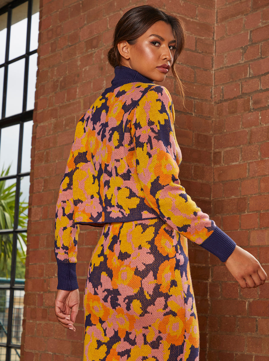 Abstract Floral Print High Neck Jumper in Multi