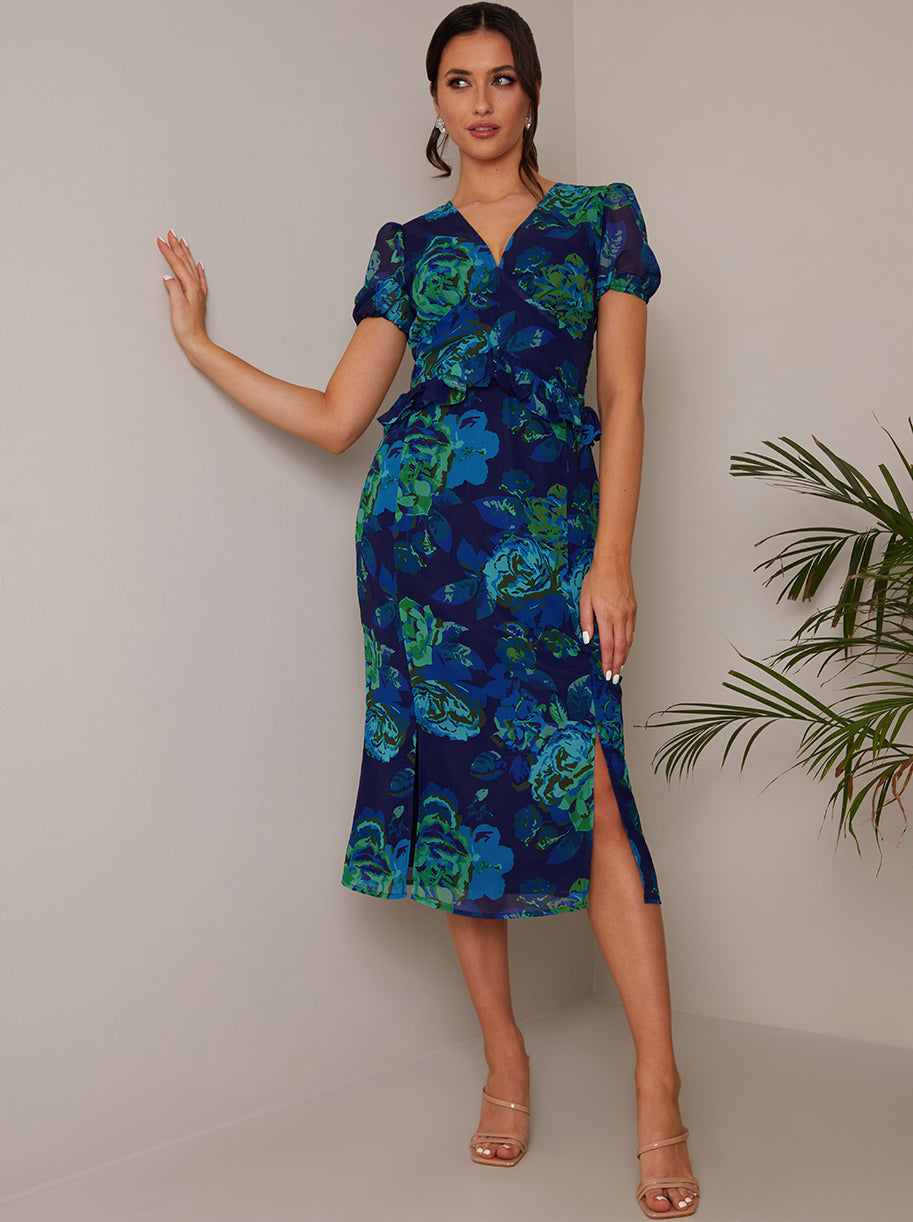 Petite Puff Sleeve Ruffle Detail Floral Midi Dress in Navy