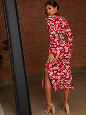 Abstract Floral Knitted Midi Dress in Pink