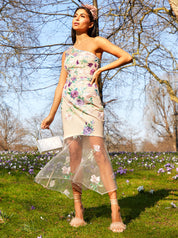 One Shoulder Peplum Floral Embroidered Dress in Cream