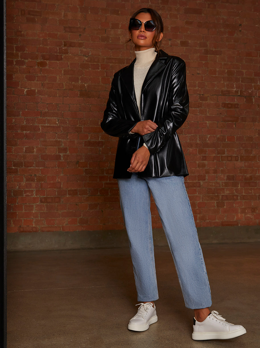 Faux Leather Blazer in Black
