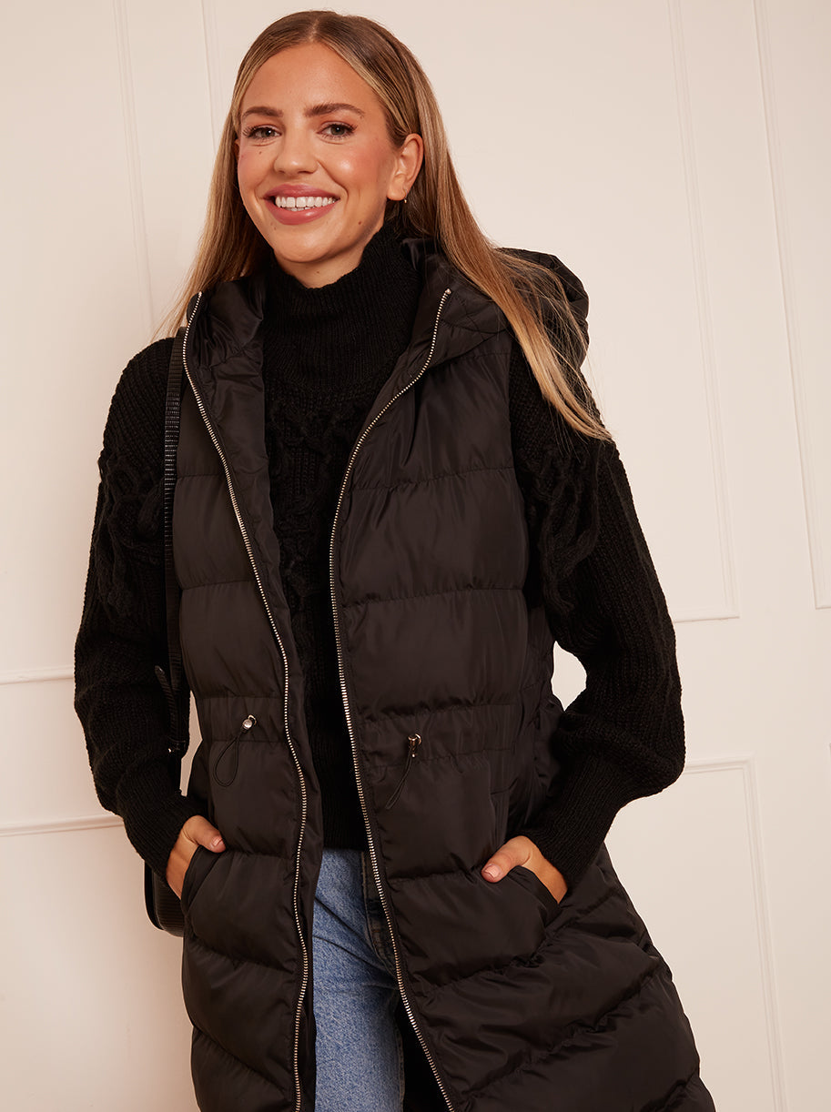 Waist Detail Padded Longline Gilet in Black