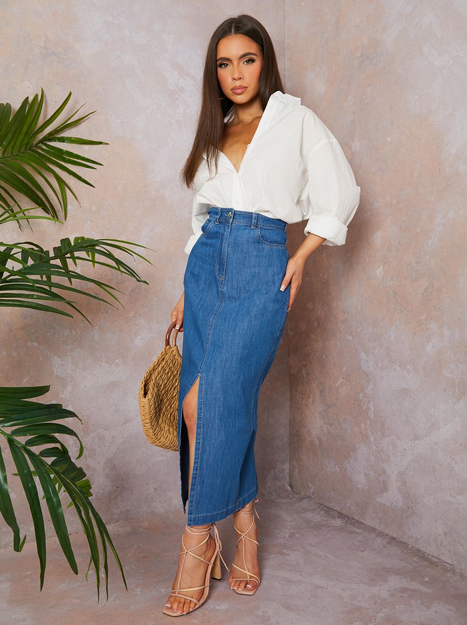 Split Hem Demin Maxi Skirt in Blue