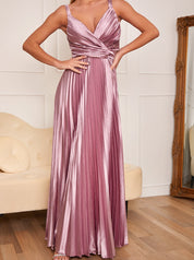 Satin Cami Strap Pleated Maxi Dress in Lilac