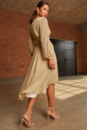 Long Sleeve Glitter Plisse Wrap Midi Dress in Gold