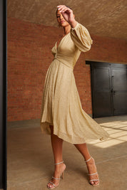 Long Sleeve Glitter Plisse Wrap Midi Dress in Gold