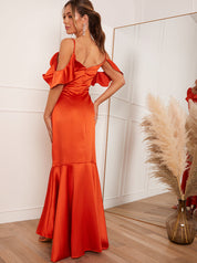 Satin Cami Strap Ruffle Detail Bodycon Dress in Rust